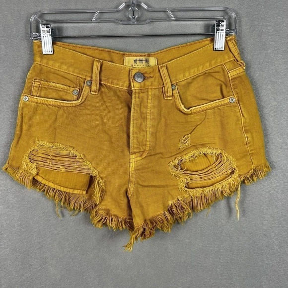 We The Free Cut-Off Denim Shorts Size 24 Mustard Yellow Raw Hem Distressed - Picture 2 of 9